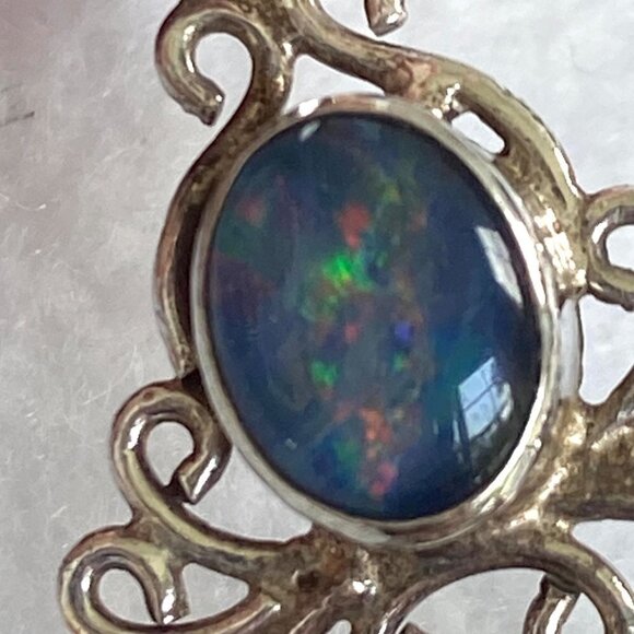 Sterling Silver 925 Oval Opal Titanium Druzy Scrollwork Pendant Necklace 18" - Picture 7 of 16